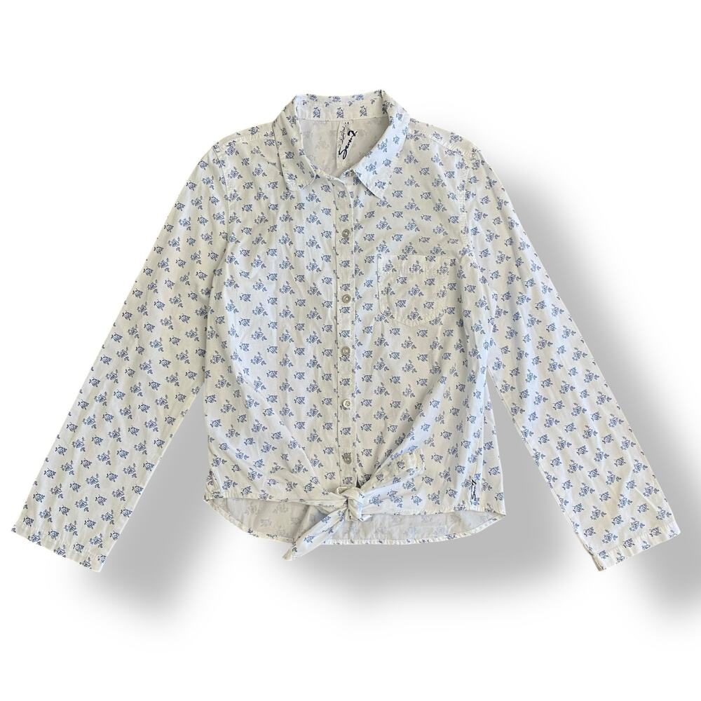 7 For All Mankind Floral‎ Tie-Front Button Down Shirt Womens Size M Blue White
